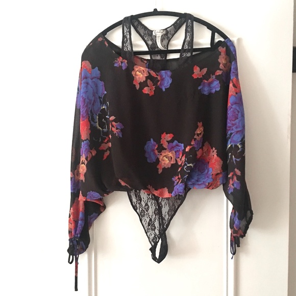 Free People over under black floral lace blouse body suit XS - Picture 2 of 5